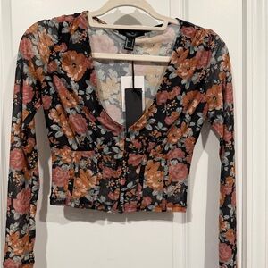 Forever 21 Black Floral V-Neck Long Sleeve Crop Top - Pink & Orange Flowers